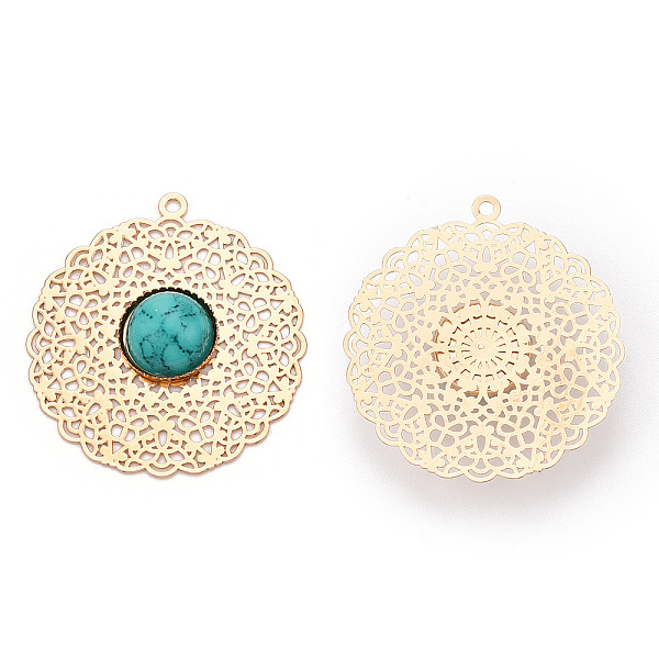 

PandaHall Brass Pendants, with Synthetic Turquoise, Flat Round, Light Gold, 33.5x30.5x5.5mm, Hole: 1.5mm Brass Flat Round