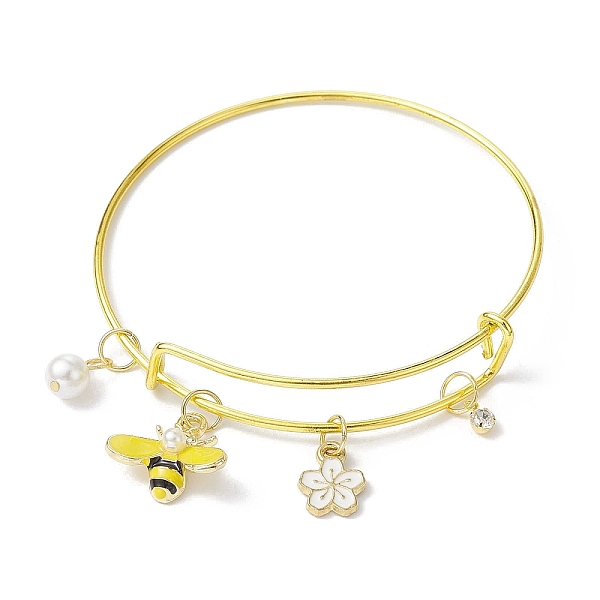 

PandaHall Adjustable Iron Expandable Bangles, Bees & Flower Alloy Enamel & Shell Pearl Charms Bangle, Golden, Inner Diameter: 2-1/2 inch..., Yellow