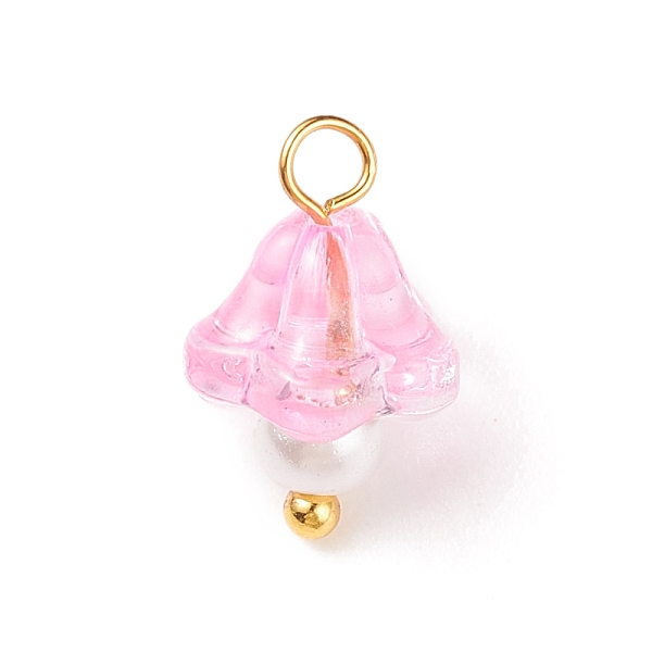

PandaHall Electroplate Glass Charms, with Golden Plated Brass Findings and Glass Pearl Round Beads, Trumpet Flower, Pearl Pink, 14x9x9mm...