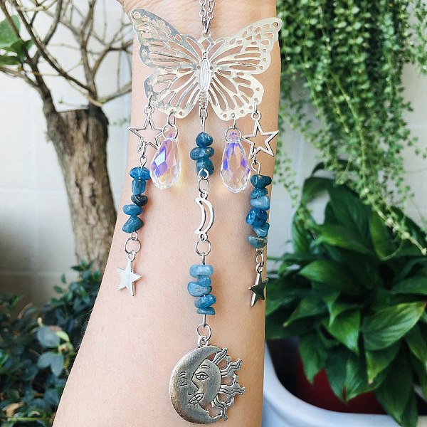 

PandaHall Natural Apatite Butterfly Hanging Suncatcher Pendant Decoration, Sun Star Crystal Ball Prism Pendants, 230mm Apatite Butterfly