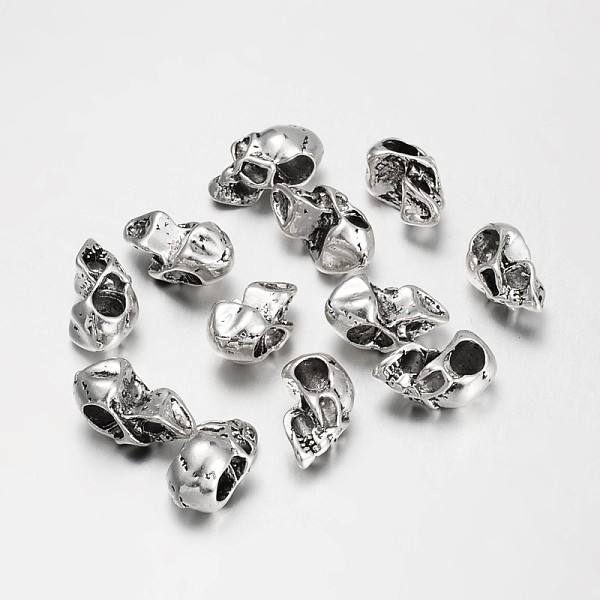 PandaHall Tibetan Style European Beads, Lead Free, Large Hole Beads, Skull for Halloween, Antique Silver, 17x9x10mm, Hole: 4mm Alloy Skull