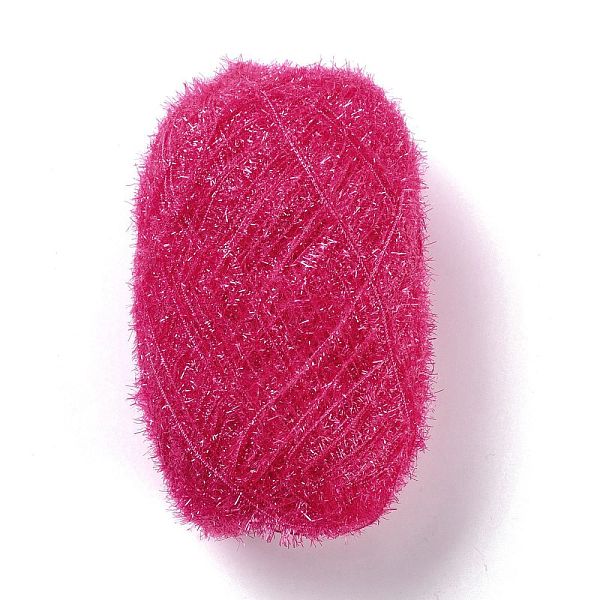 PandaHall Polyester Crochet Yarn, Sparkling Scrubby Yarn, for Dish Scrubbies, Dishcloth, Decorating Crafts Knitting, Fuchsia, 10~13x0.5mm...