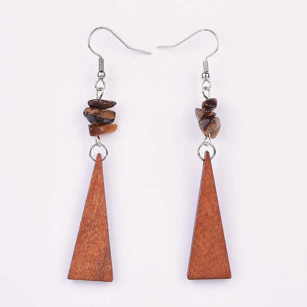 

PandaHall Pear Wood Dangle Earring, with Natural Tiger Eye Chip Beads and Brass Earring Hooks, Triangle, Platinum, 78mm, Pin: 0.7mm Tiger...