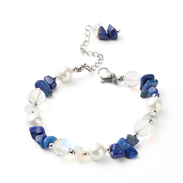 

PandaHall Natural Lapis Lazuli(Dyed) Chip Beaded Bracelet for Girl Women, Round Shell Pearl & Opalite Chip & Synthetic Moonstone Beads...