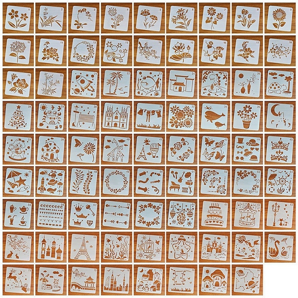 

PandaHall PET Plastic Drawing Painting Stencils Templates, For DIY Scrapbooking, Square, Mixed Patterns, 13x13cm, 80pcs/set Plastic