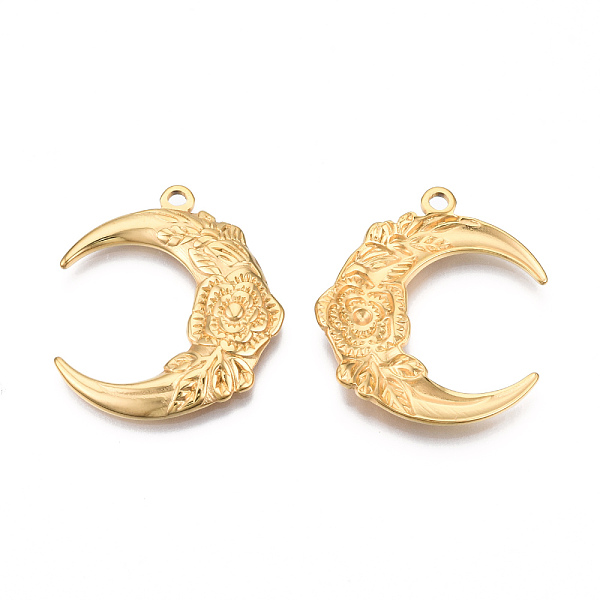 

PandaHall Ion Plating(IP) 201 Stainless Steel Pendants, Moon with Flower, Real 18K Gold Plated, 30x26.5x3mm, Hole: 2mm 201 Stainless Steel...