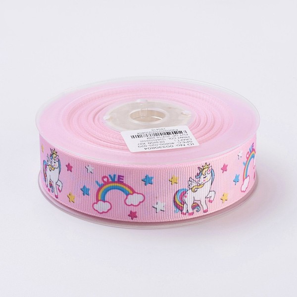 PandaHall Polyester Grosgrain Ribbons, Unicorn Pattern, Pink, 26mm, about 100yards/roll(91.44m/roll) Polyester Unicorn Pink