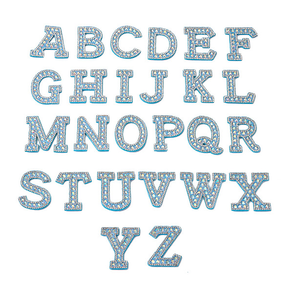 PandaHall Alphabet Resin Rhinestone Patches, Iron/Sew on Appliques, Costume Accessories, for Clothes, Bag Pants, Sky Blue, 43.5~50x20~51x3mm...