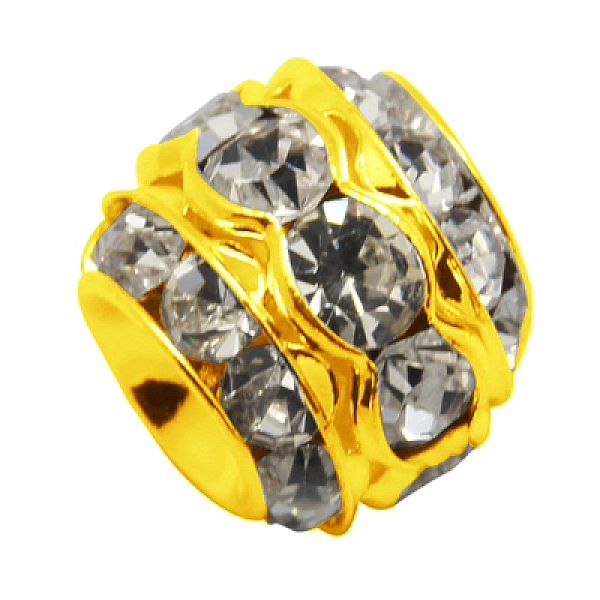 

PandaHall Brass Rhinestone Beads, Grade A, Golden Color, Clear, Barrel, about 10mm in diameter, 9mm long, hole: 1.5mm Brass+Rhinestone...
