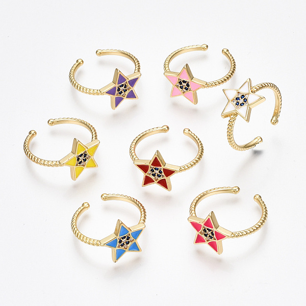 

PandaHall Brass Micro Pave Cubic Zirconia Cuff Rings, Open Rings, with Enamel, Star, Nickel Free, Real 16K Gold Plated, Mixed Color, US Size..., Multicolor