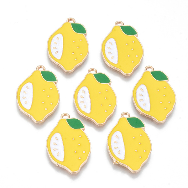 

PandaHall Alloy Enamel Pendants, Cadmium Free & Lead Free, Lemon, Light Gold, Yellow, 25x16x1.5mm, Hole: 1.6mm Alloy+Enamel Fruit Yellow