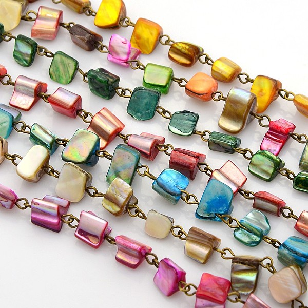 

PandaHall Handmade Sea Shell Beads Chains for Necklaces Bracelets Making, with Iron Eye Pin, Unwelded, Antique Bronze, Mixed Color, 39.3..., Multicolor