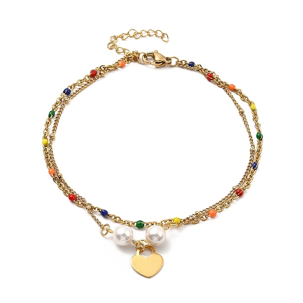 

PandaHall 304 Stainless Steel Charm Anklet with CCB Pearl Beaded, Enamel Beaded & Satellite Chains Double Layered Anklet for Women, Golden...