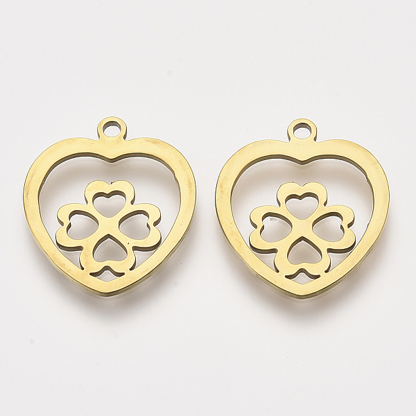 

PandaHall 201 Stainless Steel Pendants, Laser Cut Pendants, Heart with Clover, Golden, 18x16x1mm, Hole: 1.2mm 201 Stainless Steel Heart