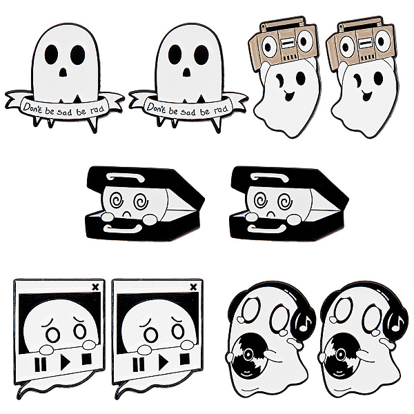 

PandaHall CRASPIRE 10Pcs 5 Styles Ghost with Word & Musical Instruments & Radio & Headset Enamel Pin, Electrophoresis Black Alloy Brooch for..., White