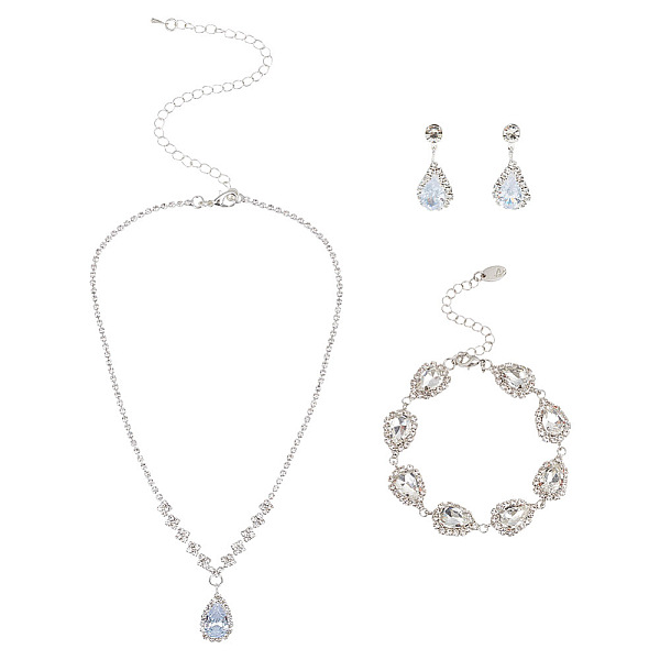 

PandaHall GOMAKERER Crystal Rhinestone Jewelry Set, Alloy Teardrop Pendant Necklace & Dangle Stud Earrings & Link Chain Bracelet, Silver...