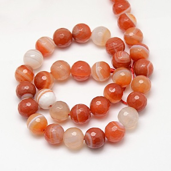 

PandaHall Natural Striped Agate/Banded Agate Beads Strand, Faceted, Round, Dyed & Heated, Coral, 10mm, Hole: 1.2mm Banded Agate Round Red