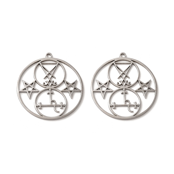 

PandaHall 304 Stainless Steel Pendant, Flat Round with Satan Symbol & Star Charm, Stainless Steel Color, 38x35x1mm, Hole: 2mm 304 Stainless...
