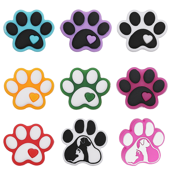 PandaHall CHGCRAFT 9Pcs 9 Style Dog Paw Print Food Grade Eco-Friendly Silicone Beads, Chewing Beads For Teethers, DIY Nursing Necklaces...