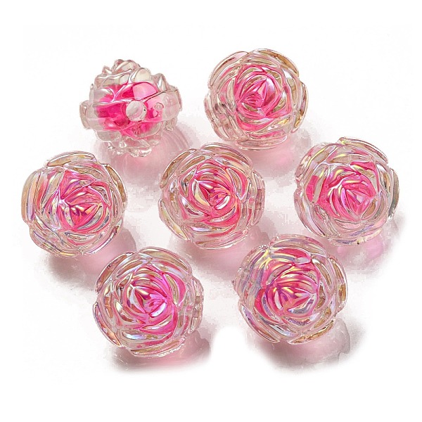 

PandaHall UV Plating Rainbow Iridescent Acrylic Beads, Two Tone Bead in Bead, Rose, Hot Pink, 15.5x16x15mm, Hole: 3mm Acrylic Flower