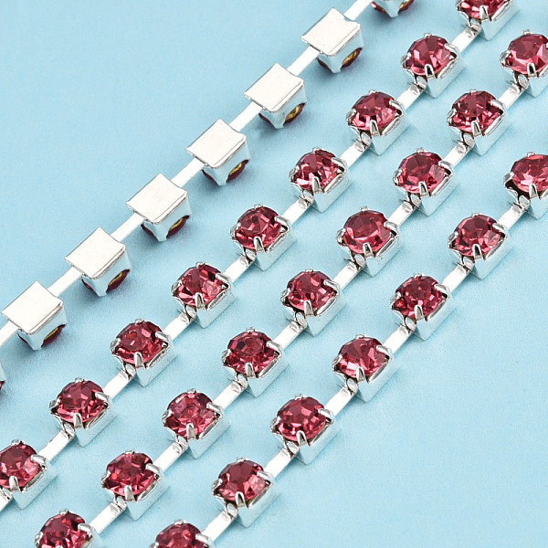 

PandaHall Silver Plated Brass Rhinestone Strass Chains, Rhinestone Cup Chains, Soldered, with Spool, Rose, 3mm, about 32.81 Feet(10m)/Roll..., Pink