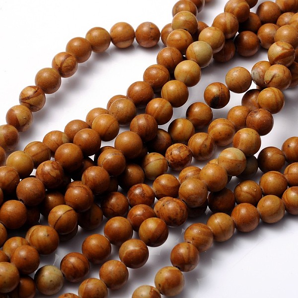 

PandaHall Gemstone Beads Strands, Wood Lace Stone, Round, about 8mm in diameter, hole: about 1mm, 15~16 inch Wood Lace Stone Round Gold