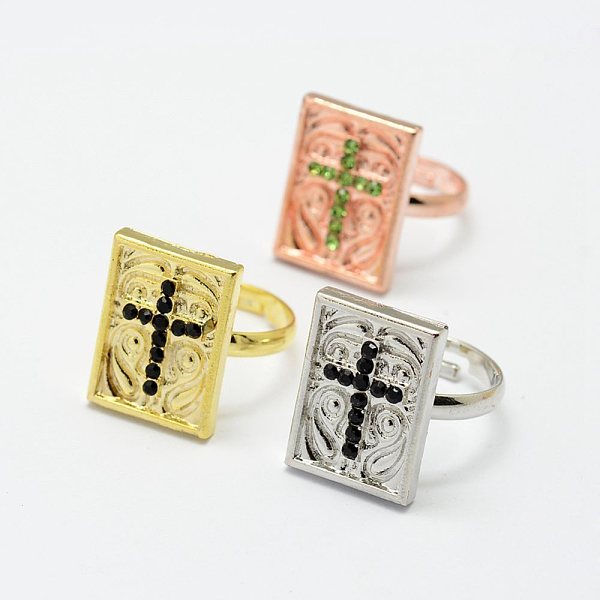 

PandaHall Alloy Rhinestone Finger Rings, with Adjustable Brass Ring, Rectangle with Cross, Mixed Color, 18.1mm Alloy+Rhinestone
