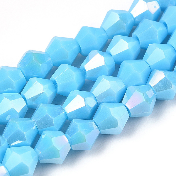 

PandaHall Opaque Solid Color Electroplate Glass Beads Strands, AB Color Plated, Faceted, Bicone, Light Sky Blue, 6x5.5mm, Hole: 1mm, about...