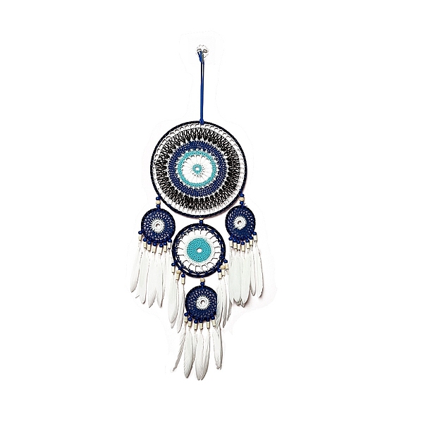 

PandaHall Evil Eye Woven Web/Net with Feather Wall Hanging Decorations, with Iron Ring, for Home Bedroom Decorations, White, 540mm Feather...