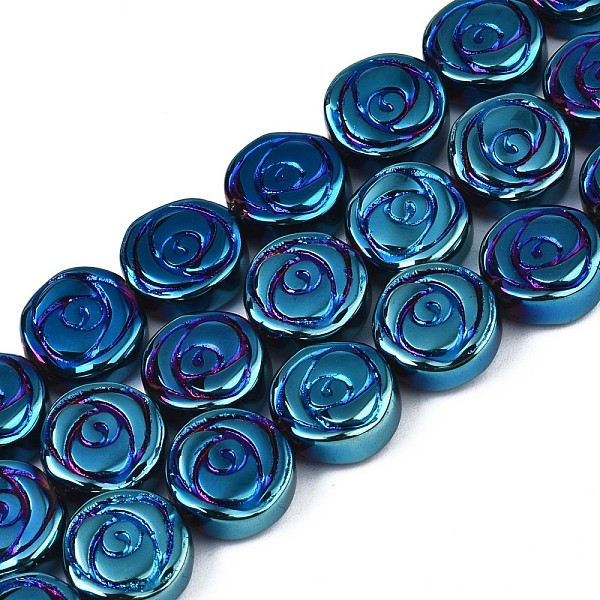 

PandaHall Electroplate Opaque Glass Beads Strand, Flat Round with Rose Flower, Blue Plated, 10x4mm, Hole: 0.9mm, about 65~66pcs/strand...