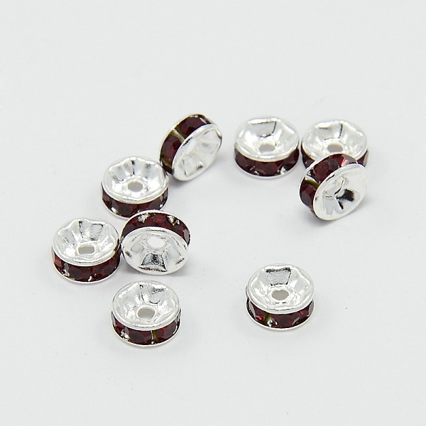 

PandaHall Brass Grade A Rhinestone Spacer Beads, Silver Color Plated, Nickel Free, Siam, 6x3mm, Hole: 1mm Brass+Rhinestone Rondelle Red