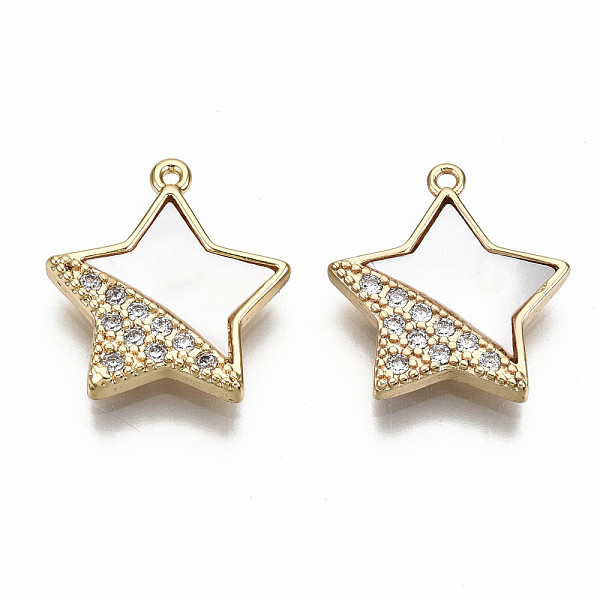 

PandaHall Brass Micro Pave Clear Cubic Zirconia Pendants, with Natural Shell and Loops, Nickel Free, Star, Real 18K Gold Plated, 15x14x2mm...
