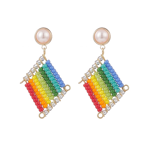 

PandaHall Japanese Seed Braided Rhombus Dangle Stud Earrings with Plastic Pearl Beaded, Golden Brass Drop Earrings for Women, Colorful, 45mm...