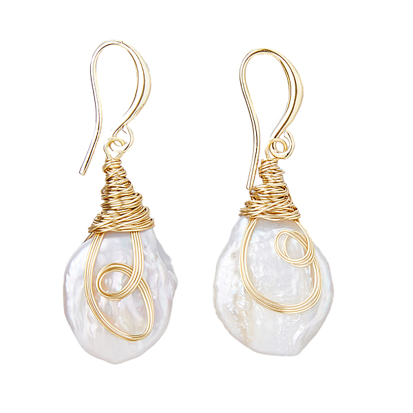 

PandaHall FIBLOOM 1 Pair Nuggest Natural Pearl Dangle Earrings, Brass Wire Wrap Earrings for Women, Real 14K Gold Plated, 42.5~43x15.5~16mm...