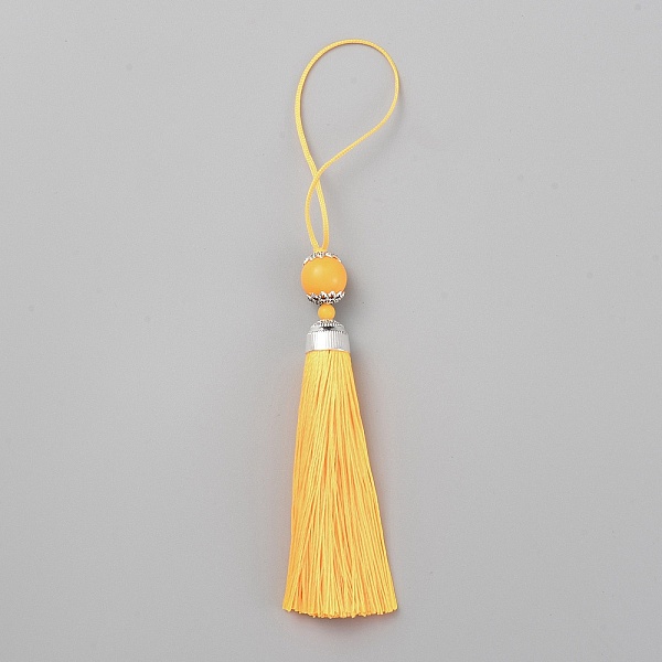 

PandaHall Polyester Tassel Big Pendants Decorations, with Acrylic Beaded and Platinum Alloy Findings, Yellow, 188mm Polyester Yellow