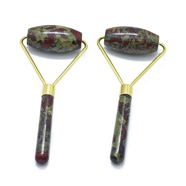 PandaHall Natural Bloodstone Brass Face Massager, Facial Rollers, Golden, 140.5x62.5x25mm Bloodstone Others