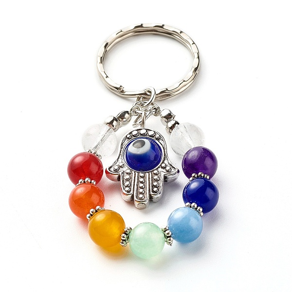 

PandaHall Tibetan Style Alloy Frame Keychain, with Handmade Evil Eye Lampwork Bead and Natural Mixed Stone, Iron Findings and Tiger Tail..., Blue