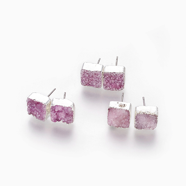 

PandaHall Natural Dyed Druzy Quartz Stud Earrings, with 304 Stainless Steel Findings, Square, Silver, Pale Violet Red, 10x10x6~10mm, Pin..., Pink