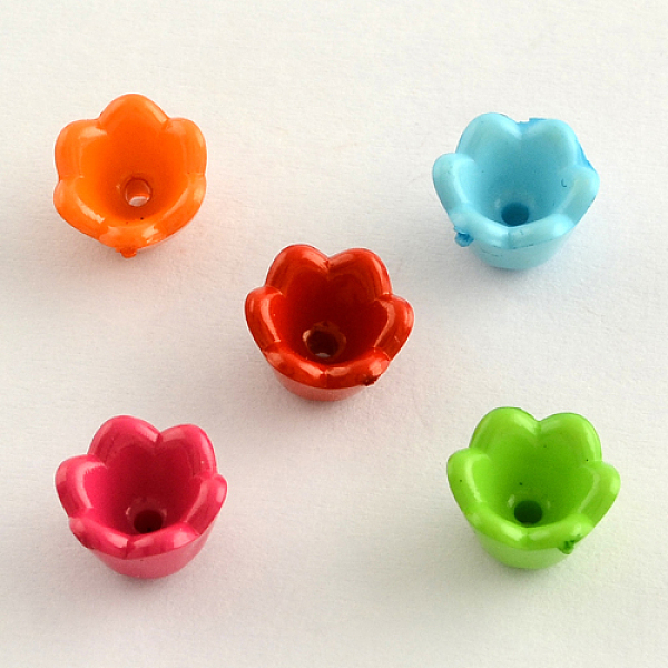 

PandaHall Opaque Acrylic Flower Bead Caps, Tulip Flower/Lily of the Valley, 6-Petal, Mixed Color, 9x7mm, Hole: 2mm, about 1900pcs/500g..., Multicolor