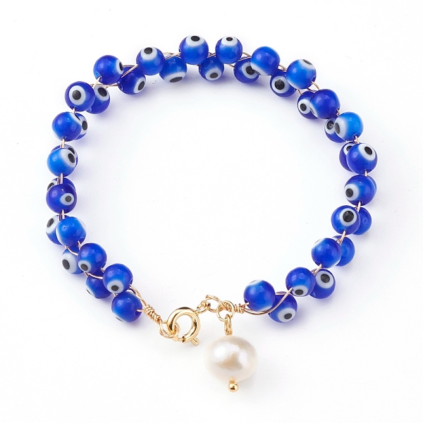 

PandaHall Natural Pearl Charm Bracelets, with Handmade Evil Eye Lampwork Beads and Cardboard Box, Round, Golden, Blue, 7-1/2 inch(19cm)...