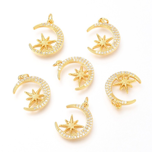 

PandaHall Brass Micro Pave Clear Cubic Zirconia Pendants, with Jump Rings, Moon with Star, Real 18K Gold Plated, 17x13.8x2.5mm, Hole: 2.6mm...