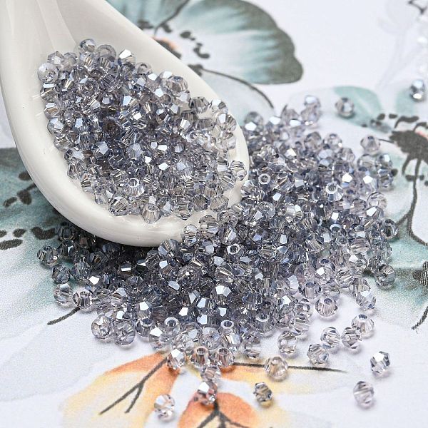 

PandaHall Transparent Electroplate Glass Beads, Faceted, Pearl Luster Plated, Bicone, Slate Gray, 2x2mm, Hole: 0.7mm, about 720pcs/bag Glass...
