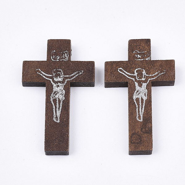 

PandaHall Printed Wooden Pendants, Crucifix Cross, For Easter, Dyed, Coconut Brown, 41.5~42.5x23.5~24.5x4.5mm, Hole: 2mm Wood Cross Brown