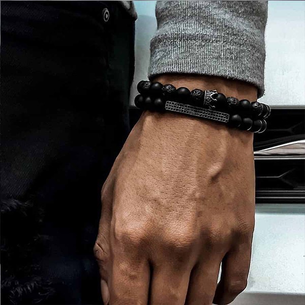 

PandaHall Fashion Retro Black Matte Bracelet Set with Zircon Crown, Diamond Ball, Dice, Lion Head Bracelet Natural Gemstone Round Black