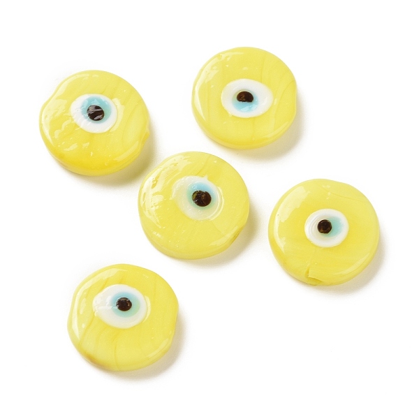

PandaHall Handmade Evil Eye Lampwork Beads, Flat Round, Yellow, 17~17.5x4mm, Hole: 1.2mm Lampwork Flat Round Yellow