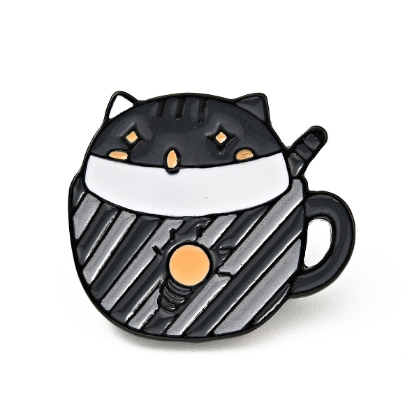 PandaHall Coffee Cup Cat Enamel Pin, Electrophoresis Black Plated Alloy Badge for Backpack Clothes, Black, 21x24.5x1.6mm Alloy+Enamel Black