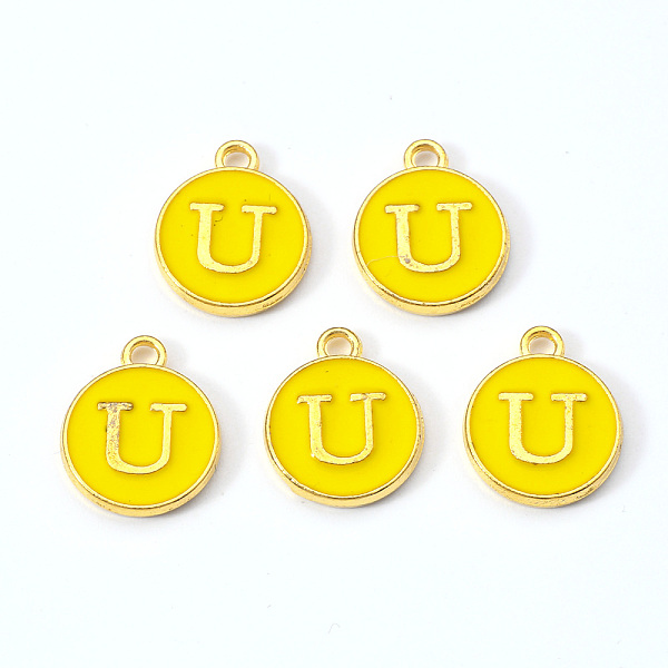 

PandaHall Golden Plated Alloy Enamel Charms, Enamelled Sequins, Flat Round with Letter, Gold, Letter.U, 14x12x2mm, Hole: 1.5mm Alloy+Enamel...