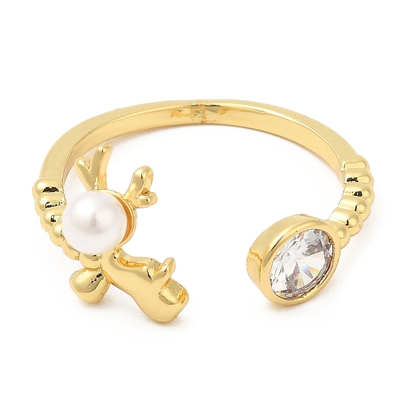 

PandaHall Plastic Pearl Christmas Deer Open Cuff Ring with Cubic Zirconia, Rack Plating Brass Ring, Cadmium Free & Lead Free, Real 18K Gold..., Clear