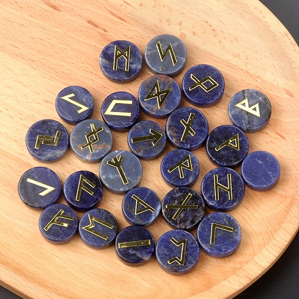 

PandaHall Tumbled Natural Sodalite with Carved Rune Words, Divination Stone, Flat Round, 16~19x6~7mm Sodalite Flat Round