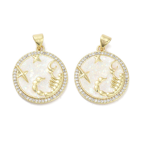 

PandaHall Brass Micro Pave Clear Cubic Zirconia Pendants, with Synthetic Opal and ABS Plastic Pearl, Real 18K Gold Plated, Flat Round with...